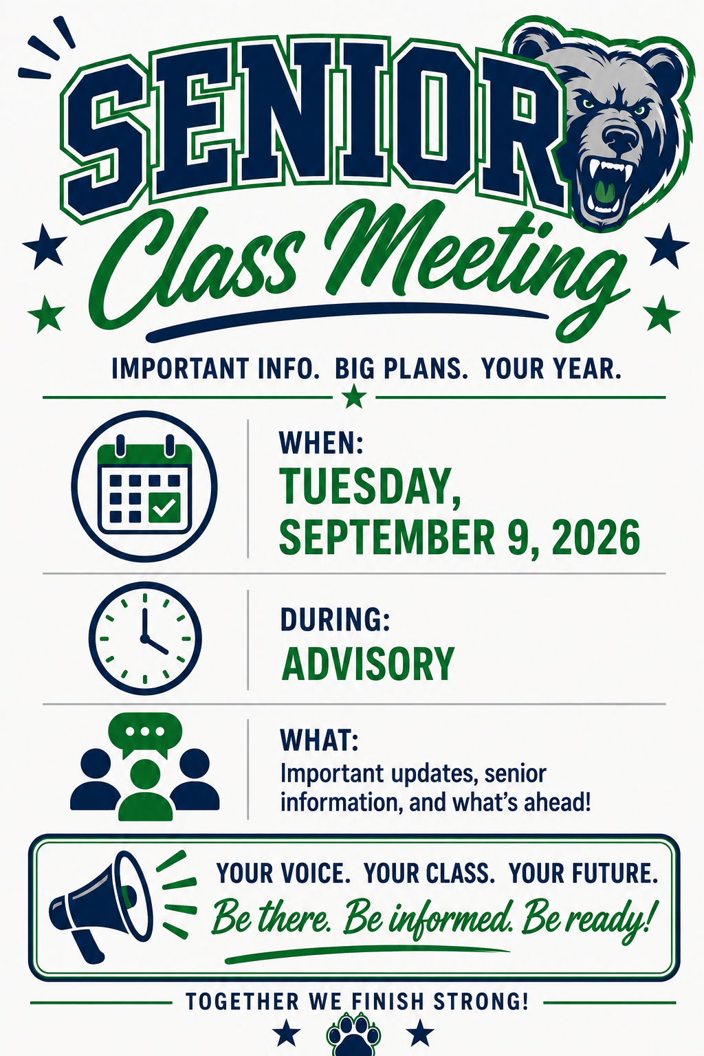 senior class meeting flyer the meeting will be 9/9/26 during advisory to discuss important updates